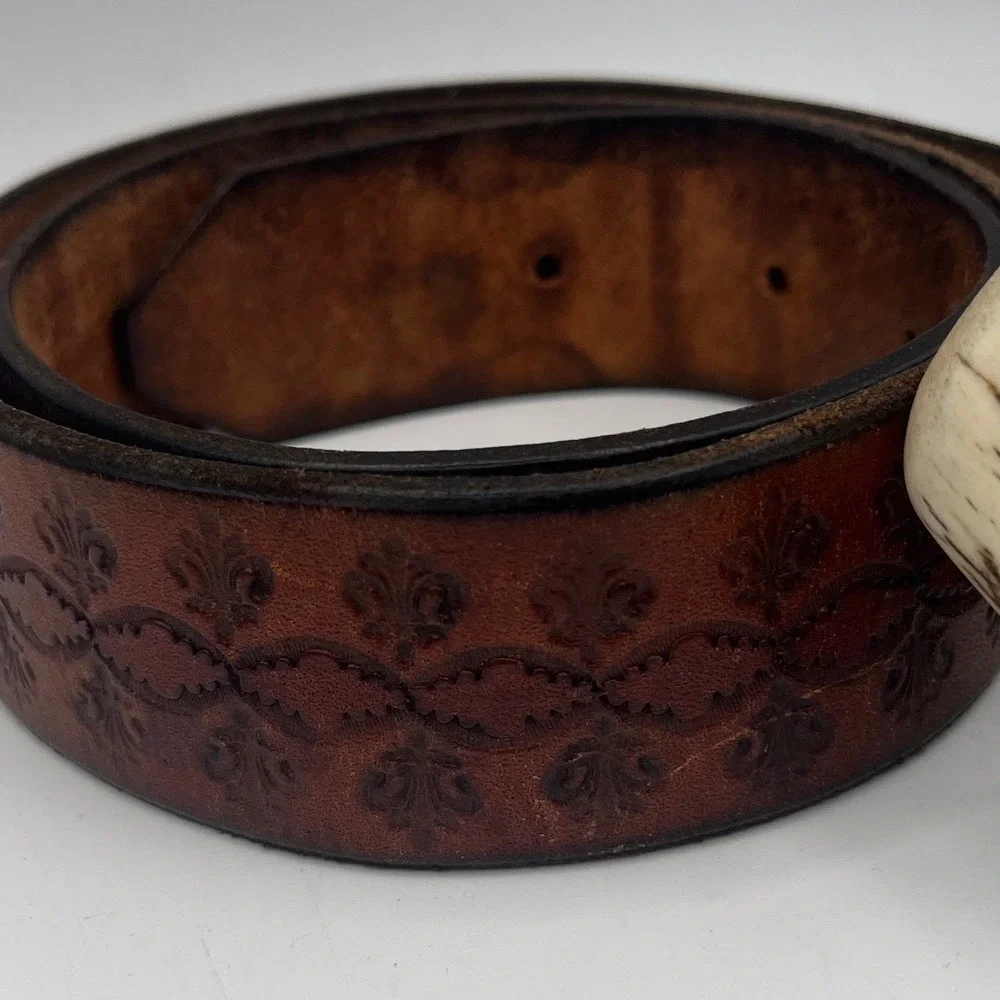 Vtg Antler Burr Belt Buckle 3D pewter Bighorn Ram Tooled Leather Belt Americana